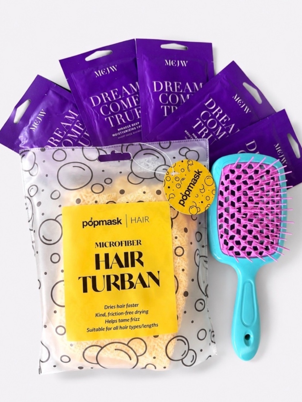 Popmask Microfiber Hair Turban + Hair Brush + 5 MCJW Dream Come True Hair Masks